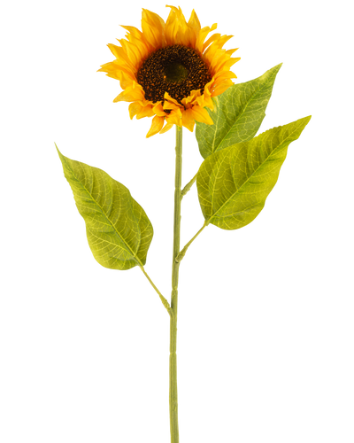 De Kunstbloem Zonnebloem 71 cm geel is een kunstzonnebloem met heldergele bloemblaadjes, een donkerbruin hart en drie grote groene bladeren op een lange groene steel, tegen een effen witte achtergrond.