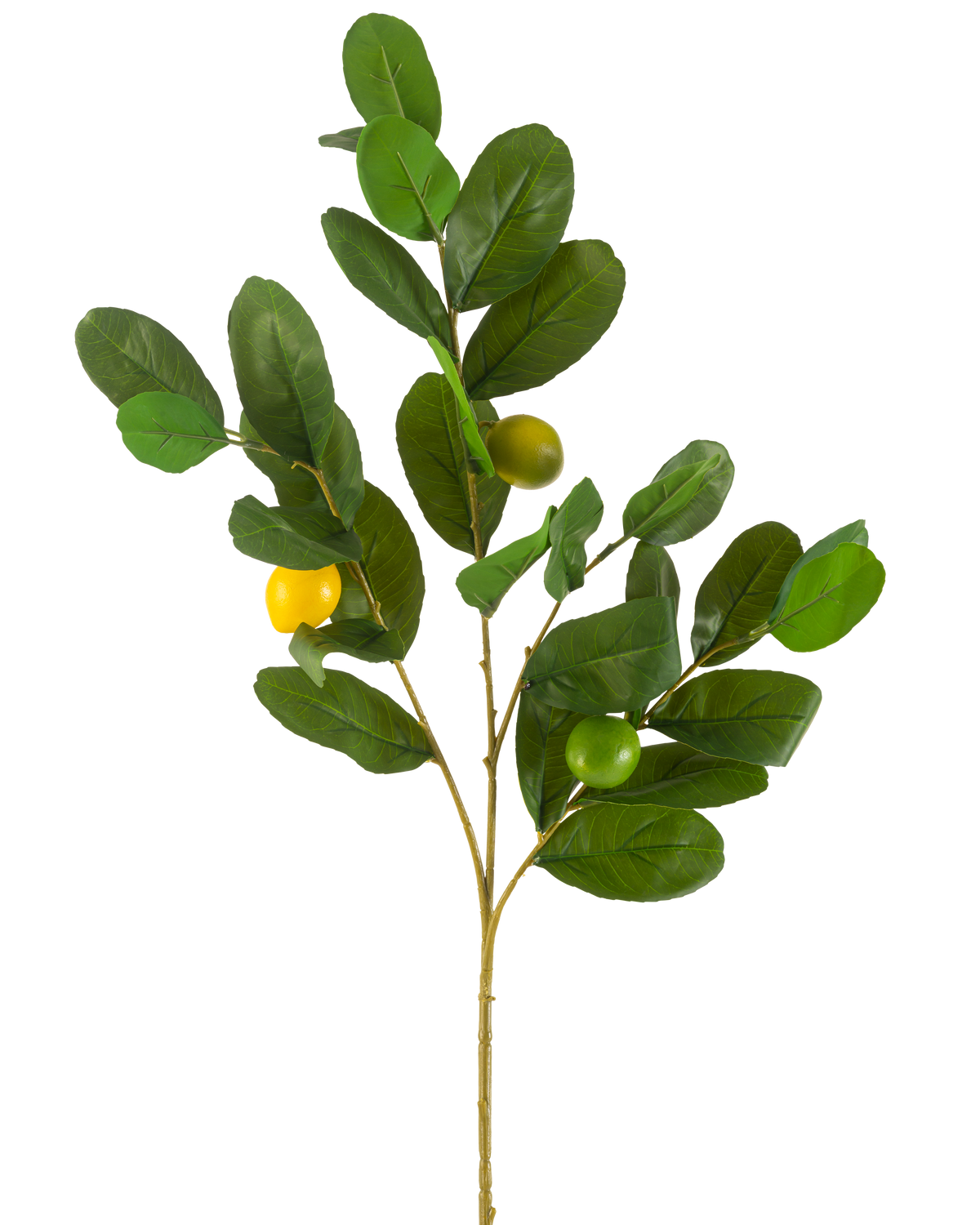 The Artificial Branch Lemon 80 cm green has a branch with wide, glossy green leaves and three round yellow-green fruits, against a plain white background.
