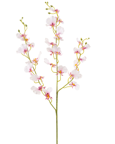 De Kunstbloem Orchidee 98 cm blush heeft een enkele lange steel met meerdere delicate lichtroze orchidee bloemen en knoppen, dunne groene takken en kleine ovale bladeren, allemaal tegen een effen witte achtergrond.