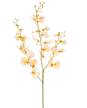De Kunstbloem Orchidee 98 cm lichtgeel heeft een lange groene steel met meerdere takken en delicate lichtgele orchideeën, elk met een zacht oranje en rood hart, alles tegen een witte achtergrond.