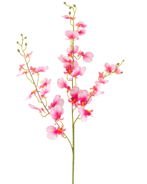 De Kunstbloem Orchidee 98 cm roze heeft een enkele steel met meerdere takken van levendige roze orchidee bloemen, delicate bloemblaadjes en groene knoppen, tegen een effen witte achtergrond.