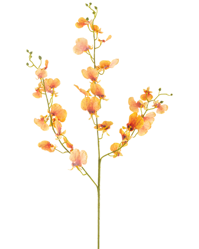 De Kunstbloem Orchidee 98 cm geel heeft een enkele steel met meerdere takken gele orchidee bloemen en groene knoppen, tegen een effen witte achtergrond.