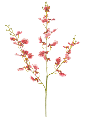 Een enkele rode Kunstbloem Orchidee 98 cm met meerdere takken, elk met trossen levendige bloemen, tegen een effen witte achtergrond.