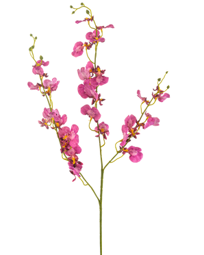 De Kunstbloem Orchidee 98 cm fuchsia heeft levendige roze orchideeënbloesems en -knoppen op lange, slanke groene stelen, prachtig tegen een witte achtergrond.