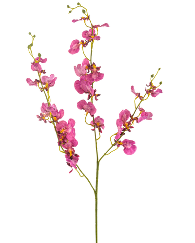 De Kunstbloem Orchidee 98 cm fuchsia heeft levendige roze orchideeënbloesems en -knoppen op lange, slanke groene stelen, prachtig tegen een witte achtergrond.