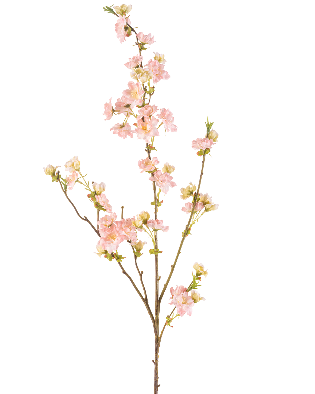 The Artificial Flower Cherry Blossom 94 cm light pink has a single branch with multiple offshoots, decorated with bunches of delicate light pink cherry blossoms and green buds, against a plain white background.