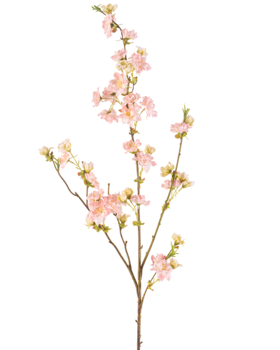 De Kunstbloem Kersenbloesem 94 cm lichtroze heeft een enkele tak met meerdere uitlopers, versierd met trossen delicate lichtroze kersenbloesems en groene knoppen, tegen een effen witte achtergrond.