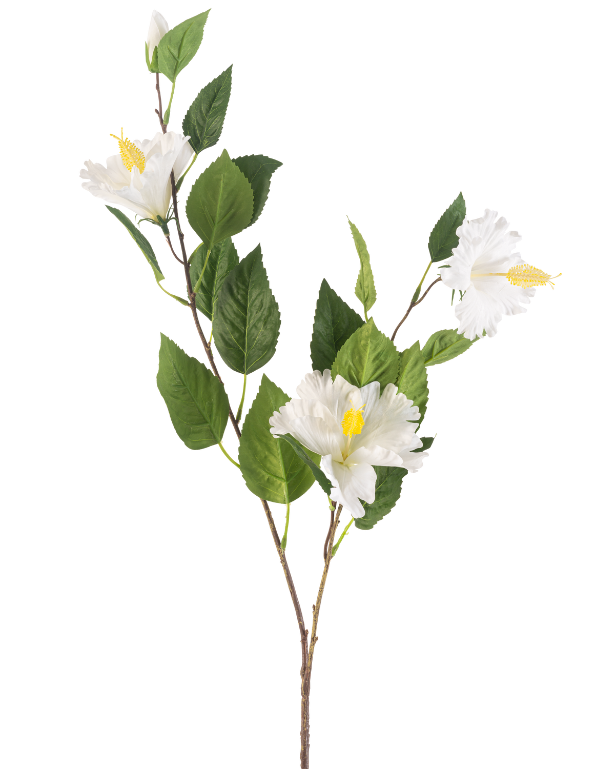 The Artificial Flower Hibiscus 89 cm cream has a branch with green leaves and three cream-colored hibiscus flowers with yellow stamens against a plain white background.