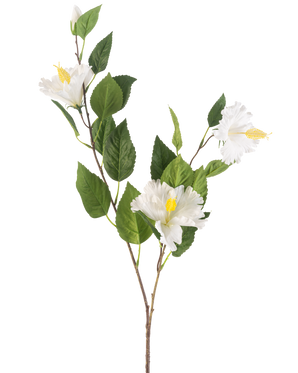 De Kunstbloem Hibiscus 89 cm crème heeft een tak met groene bladeren en drie crèmekleurige hibiscusbloemen met gele meeldraden tegen een effen witte achtergrond.