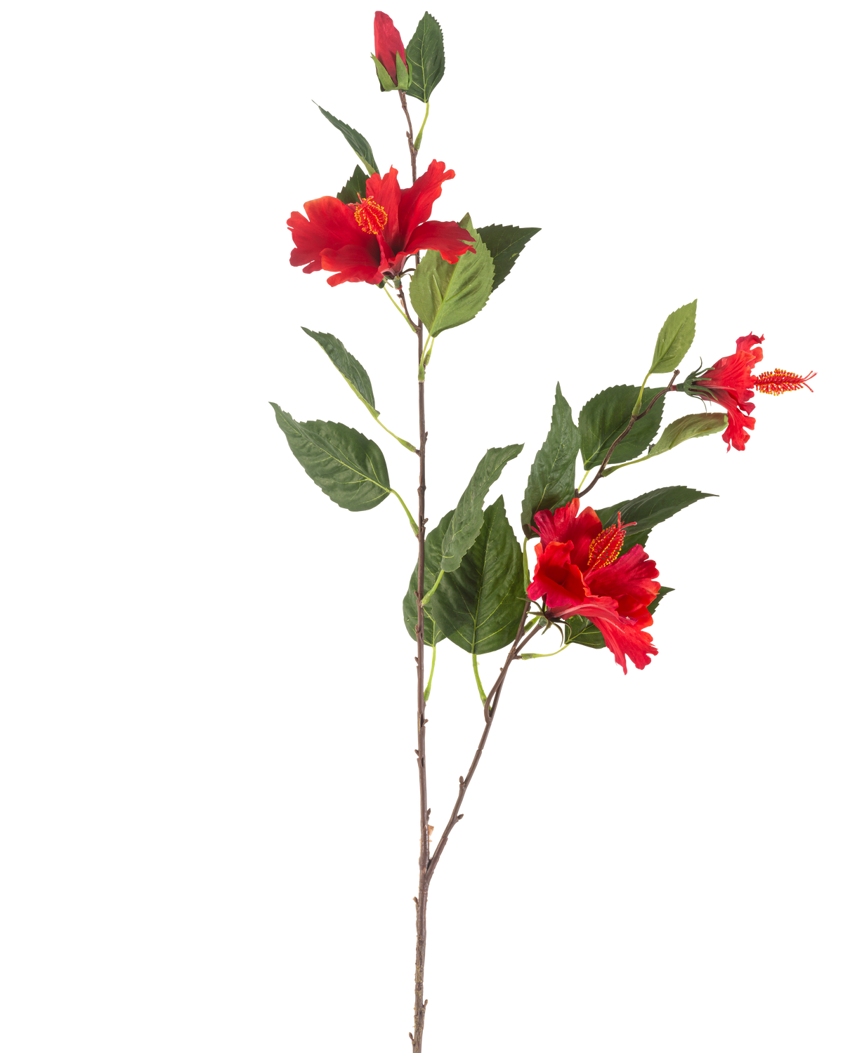 The Artificial Flower Hibiscus 89 cm red has a single stem with three vibrant red hibiscus flowers and lush green leaves against a white background.
