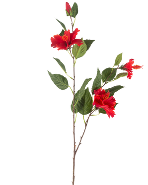 De Kunstbloem Hibiscus 89 cm rood heeft een enkele steel met drie levendige rode hibiscusbloemen en weelderige groene bladeren tegen een witte achtergrond.