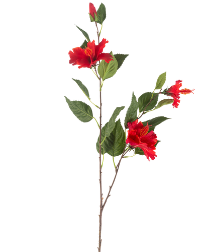 De Kunstbloem Hibiscus 89 cm rood heeft een enkele steel met drie levendige rode hibiscusbloemen en weelderige groene bladeren tegen een witte achtergrond.