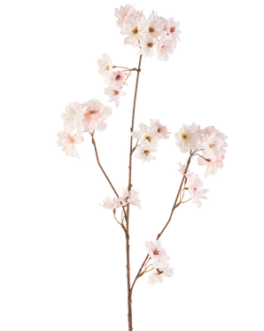 De Kunstbloem Kersenbloesem 85 cm blush heeft een enkele bruine steel met meerdere takken, elk versierd met delicate bloesemroze kersenbloesem bloemen, tegen een effen witte achtergrond.