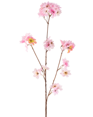 De Kunstbloem Kersenbloesem 85 cm roze heeft een enkele bruine steel met meerdere takken, elk versierd met trosjes delicate lichtroze kunstkersenbloesem bloemen, tegen een effen witte achtergrond.