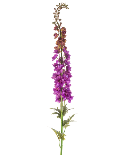 De Kunstbloem Ridderspoor 137 cm paars heeft een hoge groene stengel met diep gelobde bladeren en trossen levendige paarse bloemen langs de bovenkant, tegen een witte achtergrond.