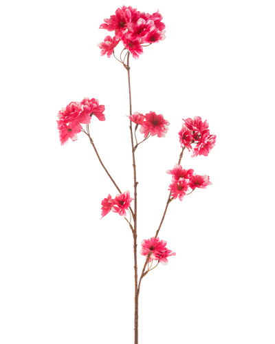De Kunstbloem Kersenbloesem 85 cm fuchsia heeft een enkele bruine steel met meerdere takken, elk versierd met clusters van levendige fuchsia kunstkersenbloesems, tegen een effen witte achtergrond.