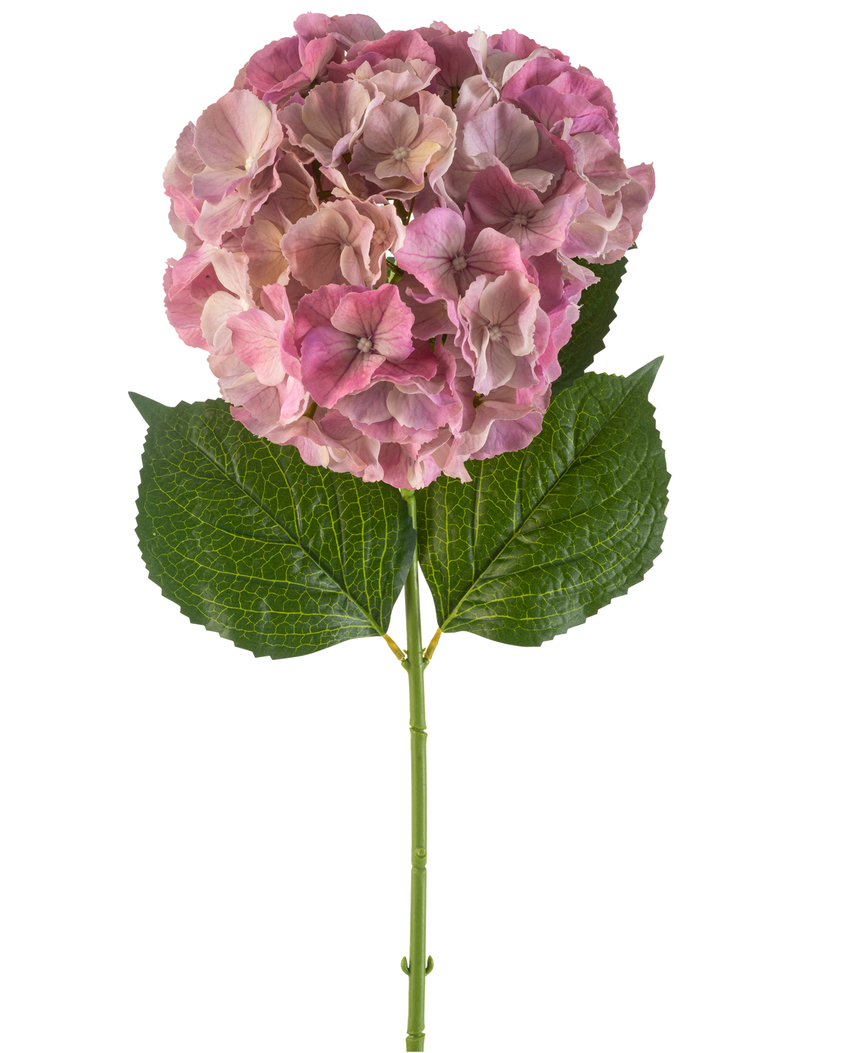 The Artificial Flower Hydrangea 75 cm mauve has a single mauve hydrangea blossom with green leaves on a long stem, against a white background.