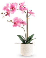 De Kunst Orchidee Real Touch 60 cm roze/wit heeft een roze en witte orchidee met verschillende bloemen en groene bladeren in een pot met witte textuur, ondersteund door een dunne bamboestok, tegen een effen witte achtergrond.