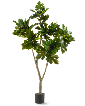 De Kunstplant Ficus Carica Vijgenboom 180 cm is een kunstplant in pot met brede, glanzende groene bladeren en kleine bruine vruchten, die lijken op een vijgenboom, tegen een witte achtergrond.