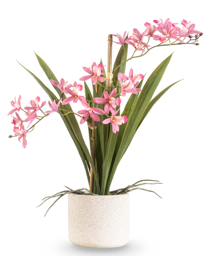 De Kunstplant Mini Cymbidium Real Touch 45 cm roze heeft lange groene bladeren en verschillende roze bloemstelen, gerangschikt in een eenvoudige pot met witte textuur en tegen een effen achtergrond.