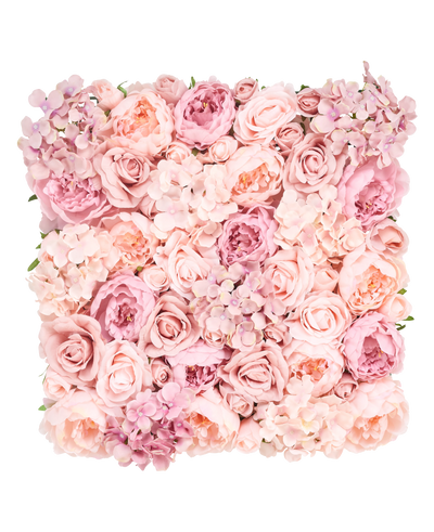 De Kunsthaag Bloemen 50x50 cm heeft een vierkant display van roze en blush rozen, pioenrozen en hortensia's dicht op elkaar voor een zachte, elegante uitstraling tegen een witte achtergrond.