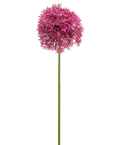 De Kunstbloem Mini Allium 60 cm mauve heeft een lange groene steel met daarboven een grote, bolvormige tros van kleine mauve stervormige bloemen, afgebeeld tegen een witte achtergrond.