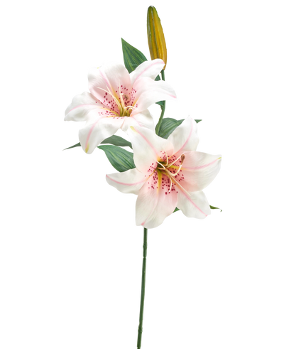 De Kunstbloem Lelie 66 cm wit/roze heeft een enkele steel met twee open witte en roze lelies, een gesloten gele knop en groene bladeren, tegen een effen witte achtergrond.