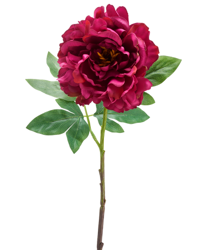 De Kunstbloem Pioenroos 61 cm paars is een enkele kunstpioenroos met grote, gelaagde paarse bloemblaadjes en meerdere groene bladeren, afgebeeld tegen een effen witte achtergrond.