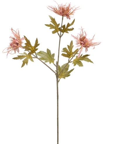 Een enkele stengel van Kunstbloem Distel 60 cm oranje met drie oranje, stekelige bloemen en verschillende gekartelde groene bladeren, geïsoleerd op een witte achtergrond.