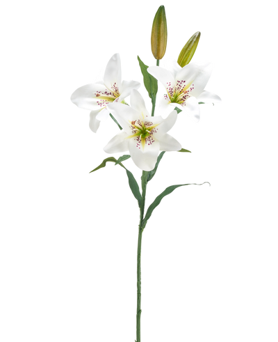 De Kunstbloem Lelie 78 cm wit heeft een enkele steel met drie open witte leliebloemen, een roze gespikkeld hart, twee gesloten knoppen en groene bladeren, tegen een effen witte achtergrond.