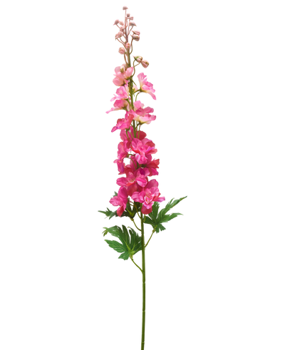 Een enkele stengel Kunstbloem Delphinium 79 cm fuchsia met levendige gelaagde bloesems, groene bladeren en ongeopende knoppen, tegen een witte achtergrond.