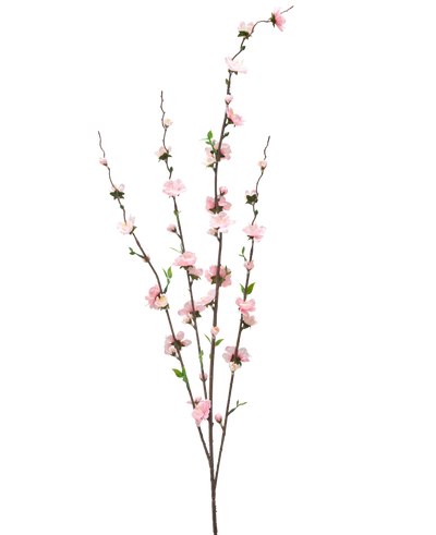 De Kunstbloem Bloesem 93 cm roze heeft drie slanke bruine takken met kleine lichtroze bloesems en groene bladeren, verspreid over de stelen voor een delicate, luchtige uitstraling tegen een witte achtergrond.