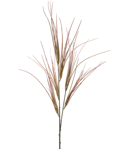 De Kunsttak 104 cm mauve heeft een enkele, hoge steel met meerdere lange, dunne, mauve en groene grasachtige bladeren die uitwaaieren, geïsoleerd op een effen witte achtergrond.