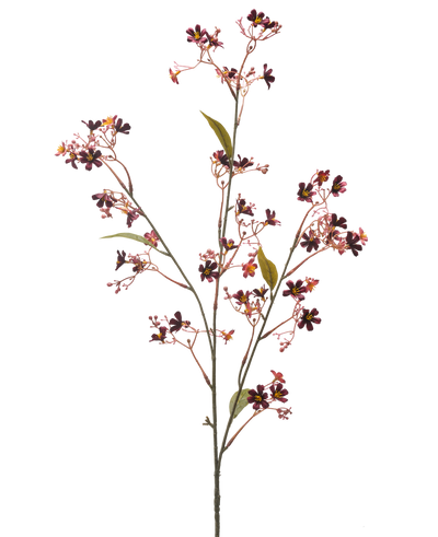 De Kunstbloem Daphne 108 cm bordeaux heeft een enkele stengel met meerdere dunne takken, kleine donkerpaarse en roze bloemen met een geel hart en een paar groene bladeren tegen een effen witte achtergrond.