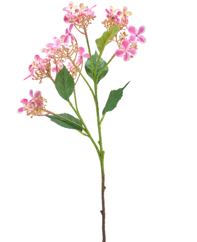 De Kunstbloem Wilde Hortensia 62 cm roze heeft een enkele stengel met verschillende trossen kleine roze en witte bloemen en groene bladeren, geïsoleerd op een witte achtergrond.