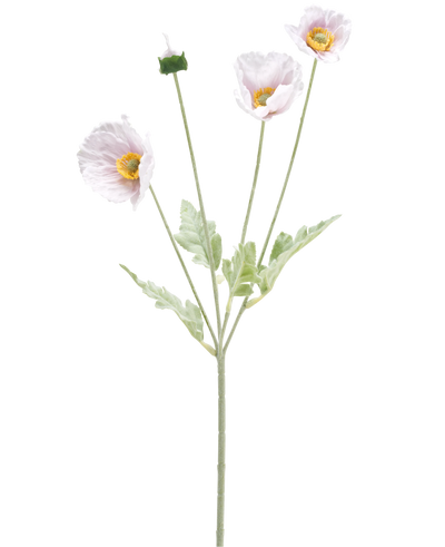 De Kunstbloem Klaproos Real Touch paars 60 cm heeft een enkele steel met drie lichtpaarse klaproos bloemen, een gesloten knop, gele hartjes, delicate bloemblaadjes en lichtgroene bladeren op een witte achtergrond.