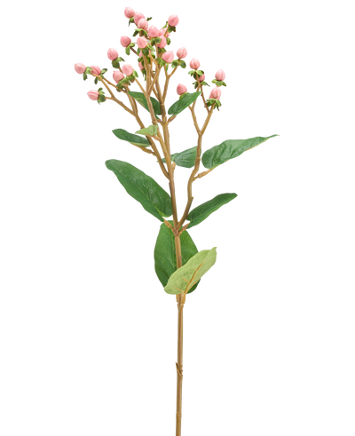 De Kunstbloem Hypericum 65 cm roze heeft trosjes kleine roze bloemknoppen en groene bladeren op een lange, slanke bruine stengel, tegen een effen witte achtergrond.