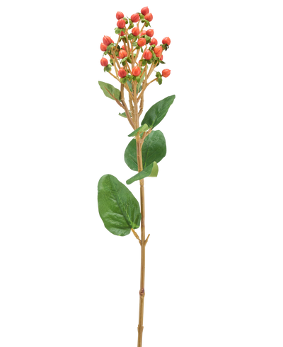 Een enkele Kunstbloem Hypericum van 65 cm met trossen kleine oranje/rode bessen en groene bladeren tegen een lichte achtergrond.