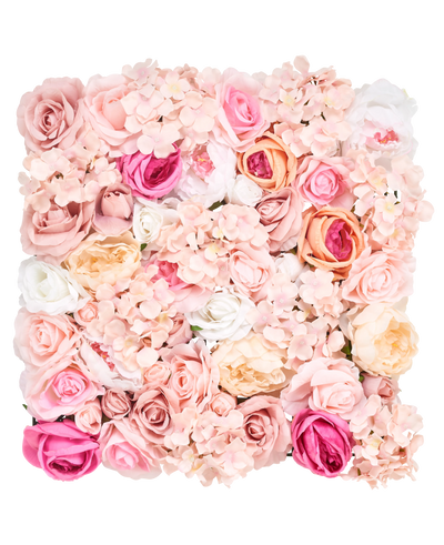 De Kunsthaag Bloemen 50x50 cm lichtroze heeft een vierkant arrangement van kunstrozen en hortensia's in zachtroze, perzik, wit en crèmetinten, dicht opeengepakt voor een weelderige bloemenpracht.