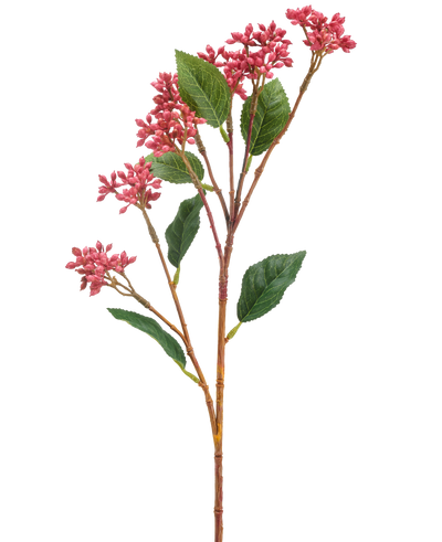 De Kunstbloem Japanse Bes 62 cm donker roze heeft een enkele kunststengel met trosjes kleine donkerroze bloemen en enkele groene bladeren, tegen een witte achtergrond.