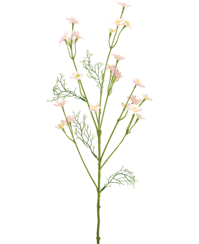 De Kunstbloem Wilde Bloem 68 cm lichtroze heeft een enkele groene steel met vederlichte bladeren en meerdere takken versierd met kleine, lichtroze bloemen, tegen een effen witte achtergrond.
