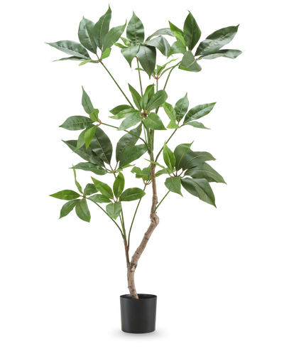 De Kunstplant Schefflera 90 cm is een hoge kunstplant met brede groene bladeren en een slanke bruine stengel, weergegeven in een eenvoudige zwarte pot tegen een effen witte achtergrond.