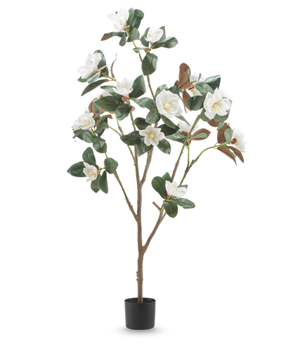 De Kunstplant Yulania 150 cm met bloem is een hoge kunstmagnolia met meerdere takken, weelderige groene bladeren en witte bloemen in een kleine zwarte pot, tegen een effen witte achtergrond.