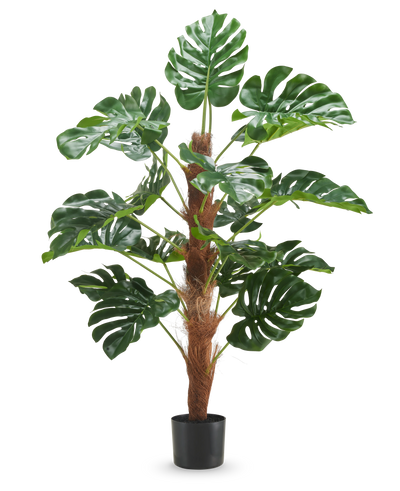 De Kunstplant Monstera 120 cm is een kunstplant in pot met grote, glanzende groene bladeren en een bruine stengel met textuur tegen een effen witte achtergrond.