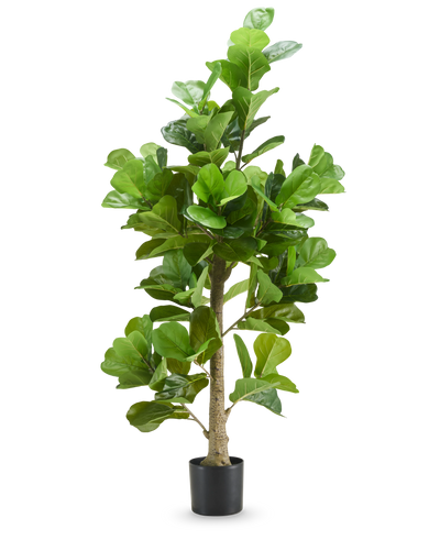 De Kunstplant Tabaksplant 180 cm heeft hoge, brede groene bladeren en wordt geleverd in een zwarte pot, tegen een effen witte achtergrond.
