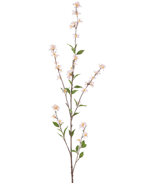 De Kunstbloem Bloemen 119 cm blush is een hoge, slanke kunsttak met delicate witte bloesems en groene bladeren over de hele lengte, tegen een effen witte achtergrond.