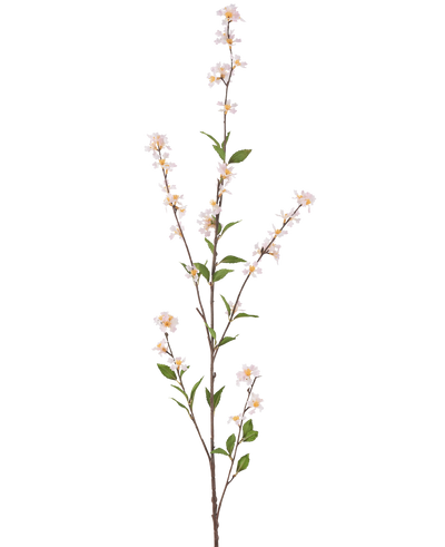 De Kunstbloem Bloemen 119 cm blush is een hoge, slanke kunsttak met delicate witte bloesems en groene bladeren over de hele lengte, tegen een effen witte achtergrond.