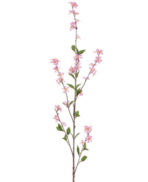 De Kunstbloem Bloemen 119 cm roze heeft een hoge enkele tak met kleine roze bloemen en groene bladeren op dunne bruine stelen, tegen een effen witte achtergrond.