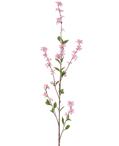 De Kunstbloem Bloemen 119 cm roze heeft een hoge enkele tak met kleine roze bloemen en groene bladeren op dunne bruine stelen, tegen een effen witte achtergrond.