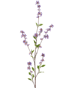 De Kunstbloem Bloemen 119 cm paars heeft een hoge, slanke tak met trossen kleine paarse bloemen en groene bladeren, perfect om elke ruimte op te fleuren.